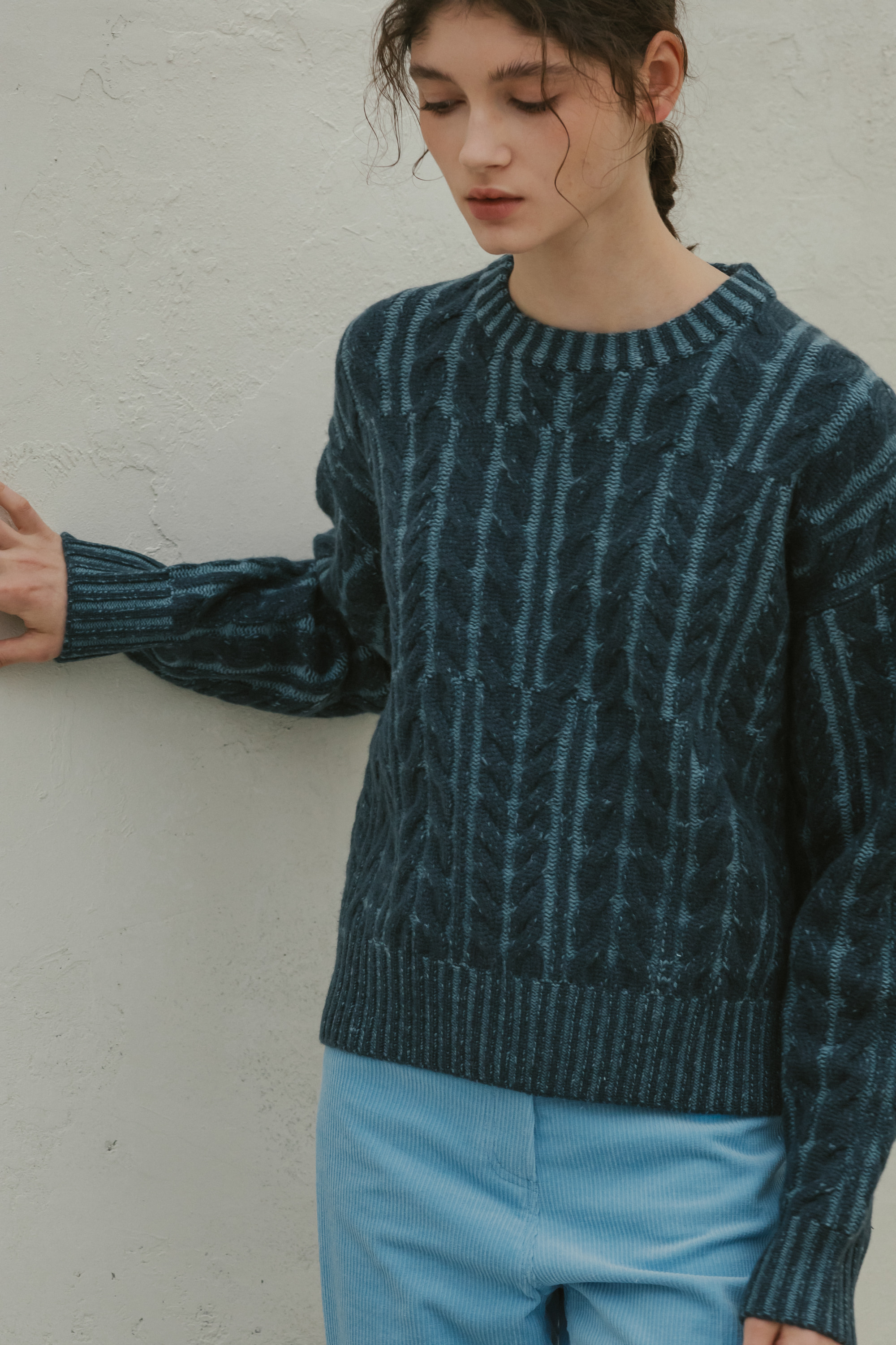 MIX CABLE SWEATER - BLUE
