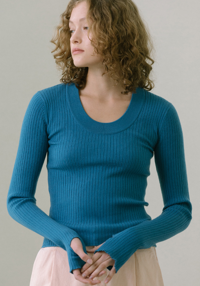 LONG SLEEVE RIBBED TOP - FRENCH BLUE